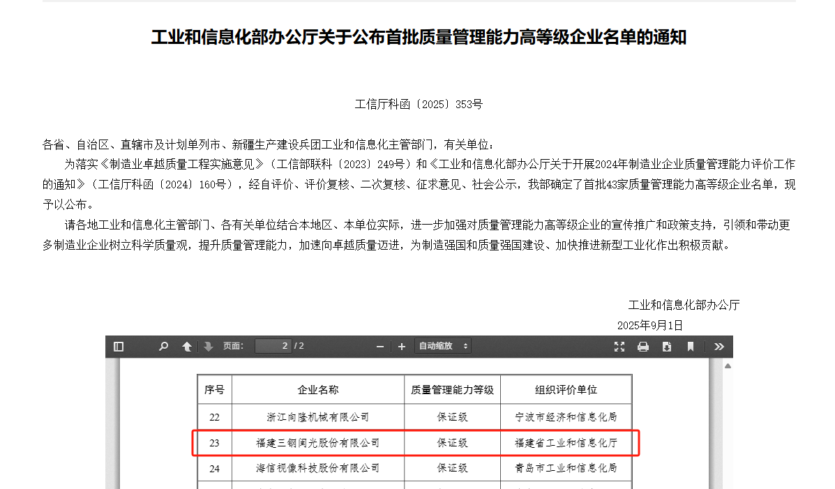 三钢闽光入选工信部首批质量管理能力高等级